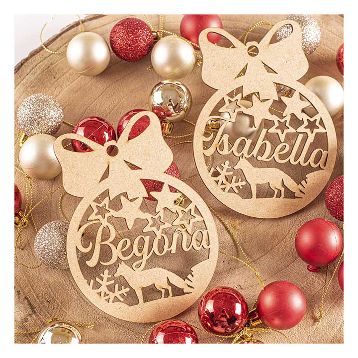 Bola de Navidad personalizada con nombre y diseño de lobo | Madera