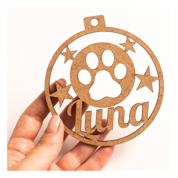 Bola de Navidad de Madera Personalizada con Huella y Nombre | Adorno Mascota